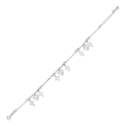 Silver Love Hearts & Crosses 1mm Charm Bracelet 7.5" - ABB169