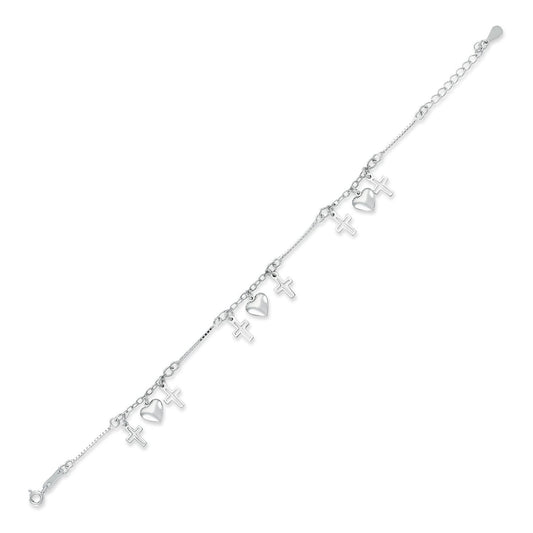 Silver Love Hearts & Crosses 1mm Charm Bracelet 7.5" - ABB169