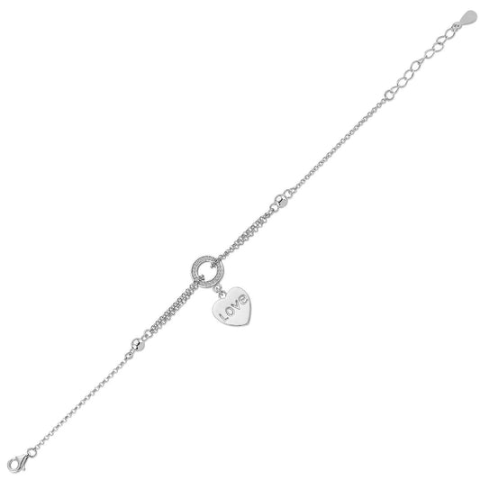 Silver CZ Circle of Love Heart 1.5mm Charm Bracelet 6.5" - ABB172