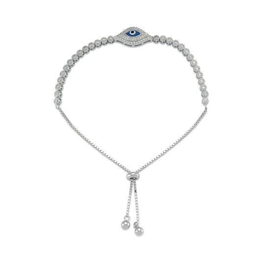 Silver CZ Anti Evil Eye Eternity Adjustable Slider Bracelet 8.5" - ABB176