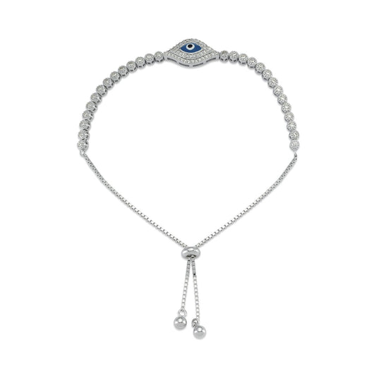 Silver CZ Anti Evil Eye Eternity Adjustable Slider Bracelet 8.5" - ABB176