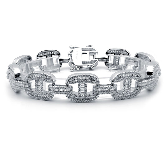 Silver Round & Baguette CZ Chunky Marine Theta Link Bracelet 9" - ABB191