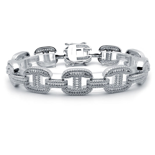 Silver Round & Baguette CZ Chunky Marine Theta Link Bracelet 9" - ABB191