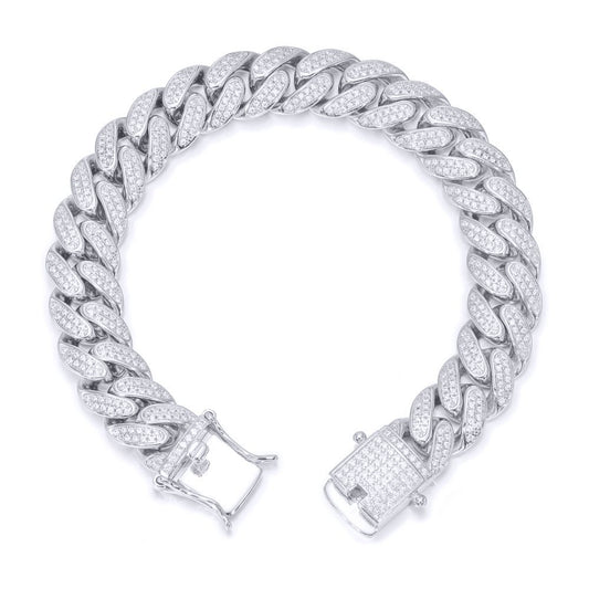 Silver Round CZ Encrusted Cuban Curb 12mm Chain Bracelet - ABB199-7.5