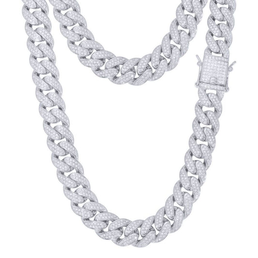 Men's Silver Round CZ Encrusted Cuban Curb 12mm Chain Necklace - ABB199