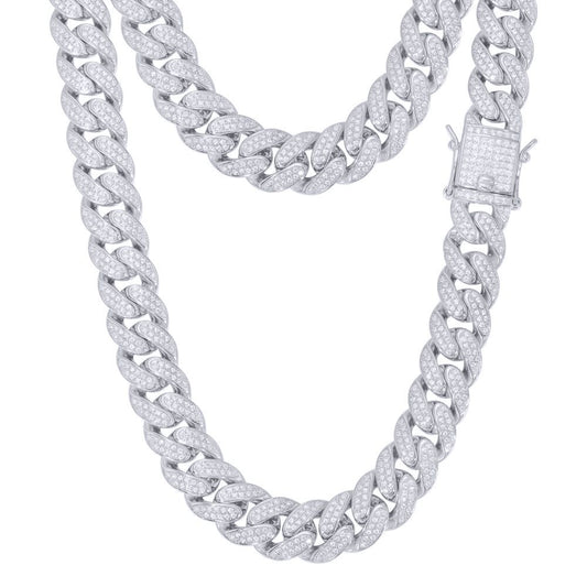 Men's Silver Round CZ Encrusted Cuban Curb 12mm Chain Necklace - ABB199
