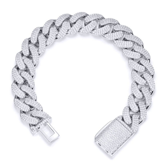 Men's Silver CZ Encrusted Cuban Curb 14mm Chain Bracelet 2½oz - ABB200-9