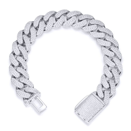 Men's Silver CZ Encrusted Cuban Curb 14mm Chain Bracelet 2½oz - ABB200-9