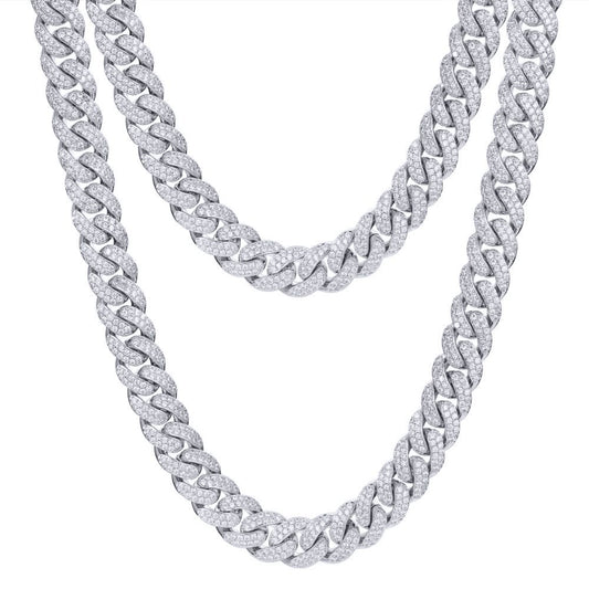 Men's Silver Round CZ Encrusted Cuban Curb 14mm Chain Necklace - ABB200