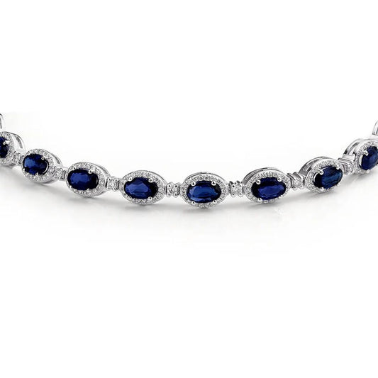 Silver Blue Oval CZ Alternating Halo Tennis Bracelet - ABB212-7.5