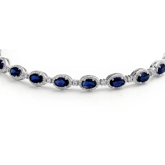 Silver Blue Oval CZ Alternating Halo Tennis Bracelet - ABB212-7.5