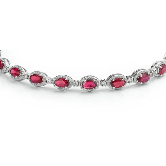 Silver Red Oval CZ Alternating Halo Tennis Necklace - ABB213-16