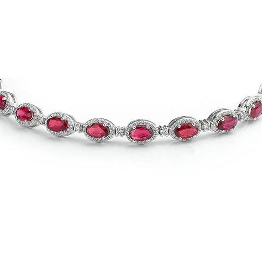 Silver Red Oval CZ Alternating Halo Tennis Necklace - ABB213-16