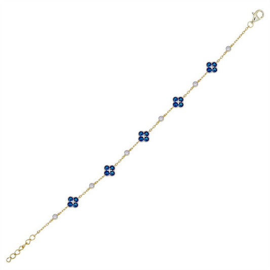 Gold-plated Silver Blue CZ Bead Edge Lucky Charm Station Bracelet - ABB225B