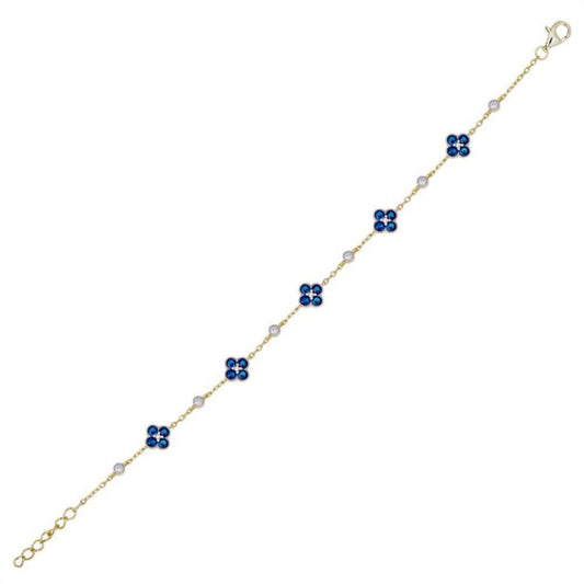 Gold-plated Silver Blue CZ Bead Edge Lucky Charm Station Bracelet - ABB225B