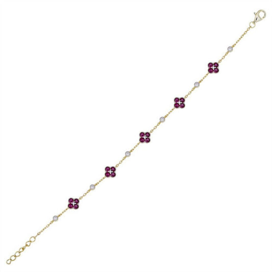 Gold-plated Silver Red CZ Bead Edge Lucky Charm Station Bracelet - ABB225R