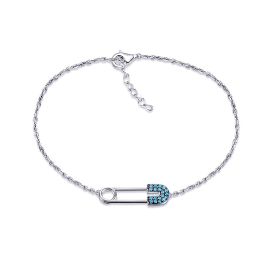 Silver Round Light Blue CZ Safety Pin Charm Bracelet - ABB226