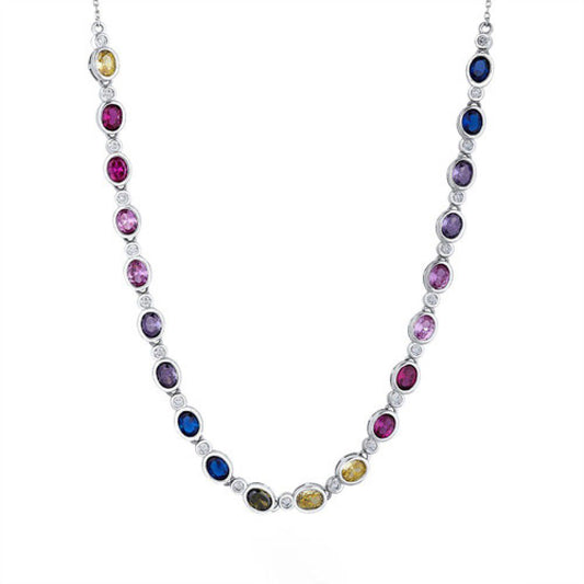 Silver Rainbow Oval CZ Bezel Halo Raindrop Tennis Necklace - ABB229-17