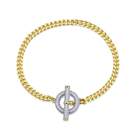 Gold-plated Silver CZ T-Bar Ring Curb Link Toggle Bracelet - ABB230