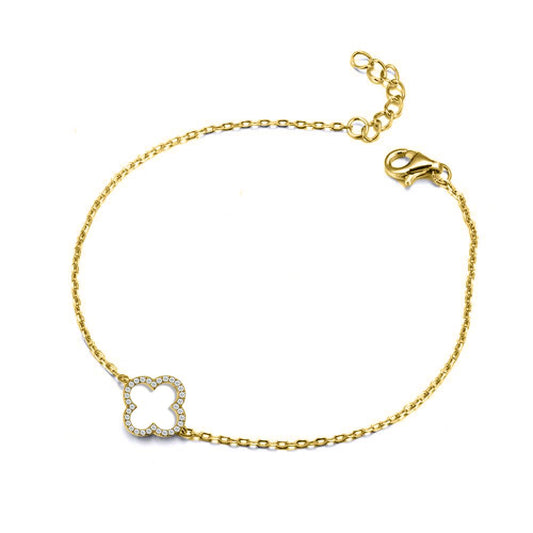 Gold-plated Silver CZ Clover Halo Lucky Charm Bracelet 7-8.5" - ABB235-GP