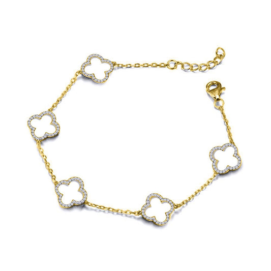 Gold-plated Silver CZ Clover Halo Lucky Charm 5 Bracelet 7-8.5" - ABB236-GP