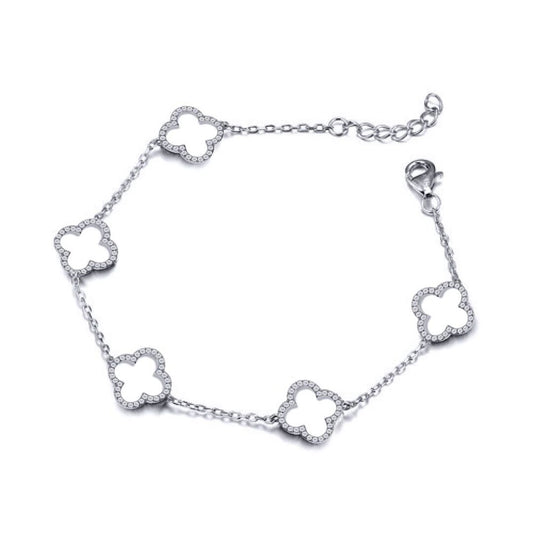 Silver Round CZ Clover Halo Lucky Charm 5 Bracelet 7-8.5" - ABB236