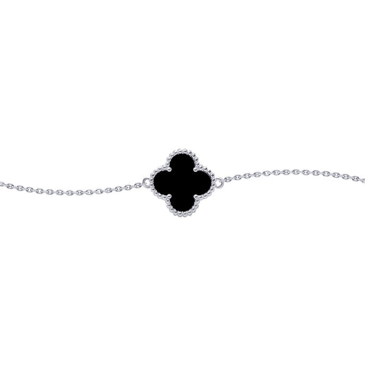 Silver Black Clover Onyx Lucky Charm Bracelet 7-8.5" - ABB237