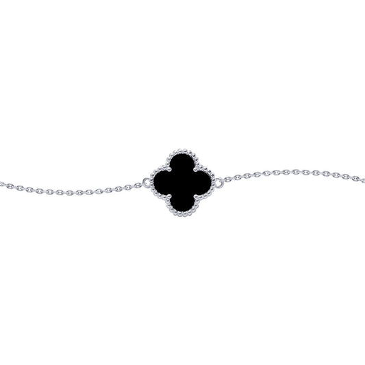 Silver Black Clover Onyx Lucky Charm Bracelet 7-8.5" - ABB237