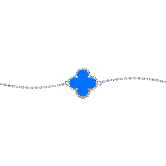 Silver Blue Clover Agate Lucky Charm Bracelet 7-8.5" - ABB239
