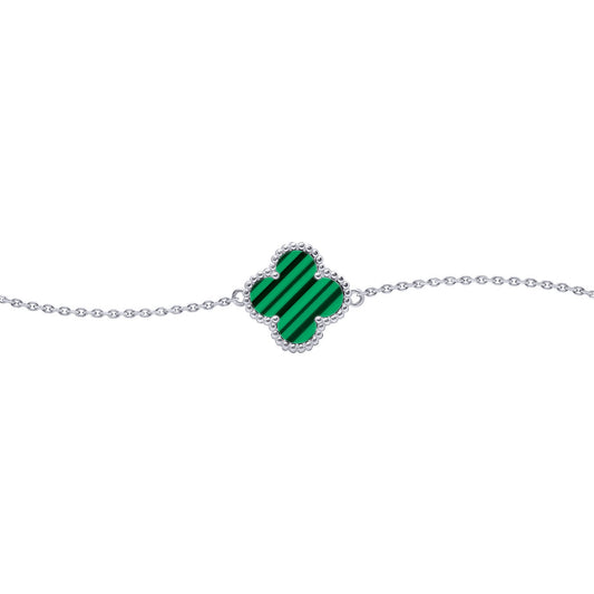 Silver Green Clover Malachite Lucky Charm Bracelet 7-8.5" - ABB240
