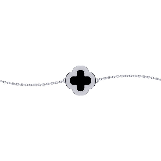 Silver Black Clover Onyx CZ Halo Lucky Charm Bracelet 7-8.5" - ABB241