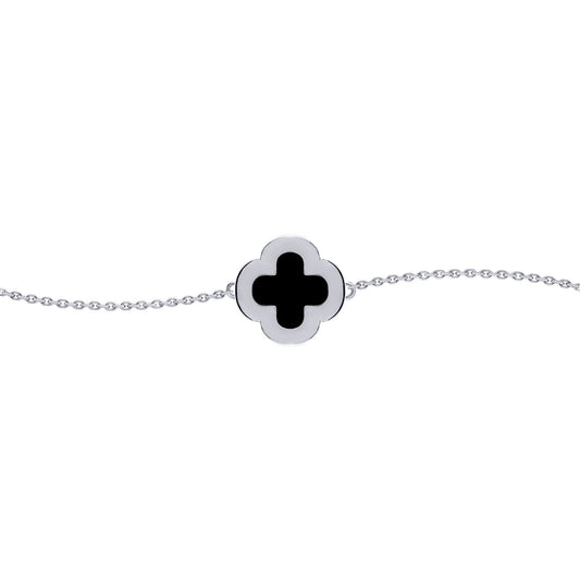 Silver Black Clover Onyx CZ Halo Lucky Charm Bracelet 7-8.5" - ABB241