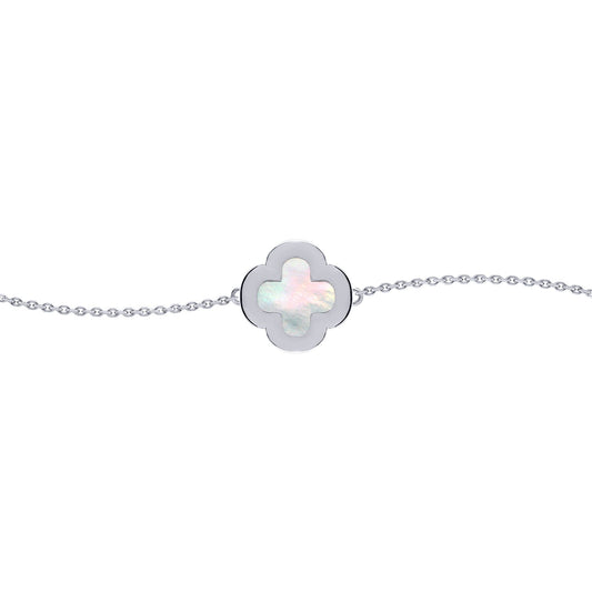 Silver Clover Mother of Pearl CZ Halo Lucky Charm Bracelet 7-8.5" - ABB242