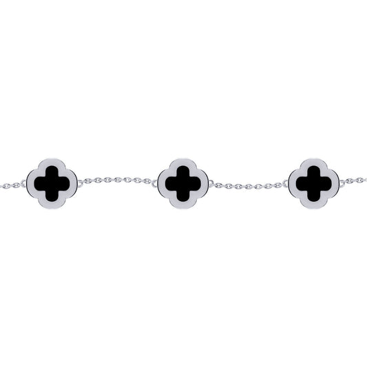 Silver Clover Onyx CZ Halo Lucky Charm 5 Bracelet 7-8.5" - ABB249