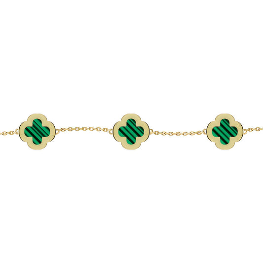 Gold-plated Silver Clover Malachite CZ Charm Bracelet 7-8.5" - ABB252-GP