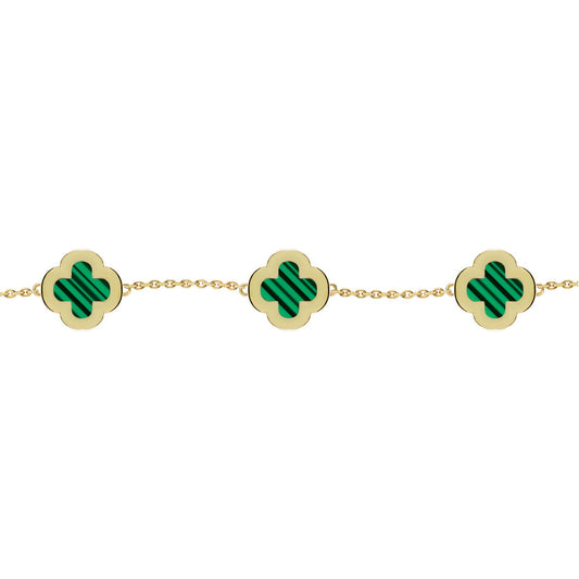 Gold-plated Silver Clover Malachite CZ Charm Bracelet 7-8.5" - ABB252-GP