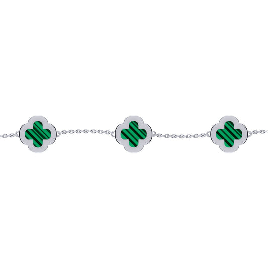 Silver Clover Malachite CZ Halo Lucky Charm 5 Bracelet 7-8.5" - ABB252