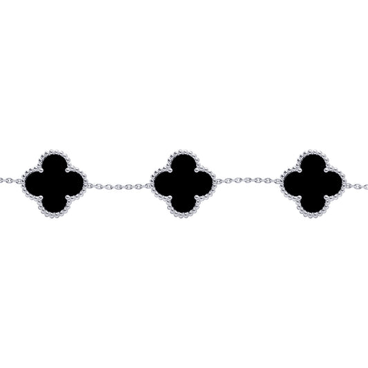 Silver Black Clover Onyx Lucky Charm 5 Bracelet 7-8.5" - ABB253