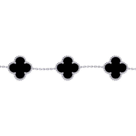 Silver Black Clover Onyx Lucky Charm 5 Bracelet 7-8.5" - ABB253