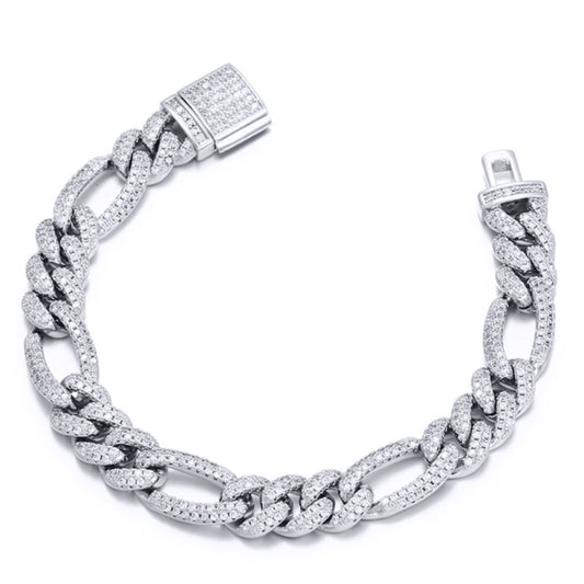 Silver Iced CZ 3+1 Figaro Chain Bracelet 10mm 8.5" 22cm - ABB257