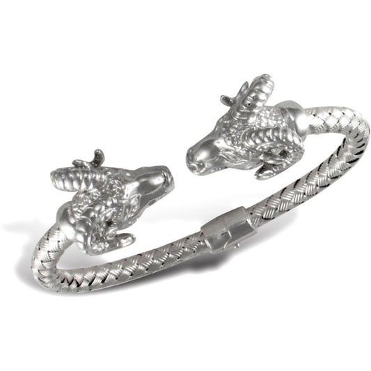 925 Solid Sterling Silver Double Rams GOAT Torque Bangle Bracelet - ABG048