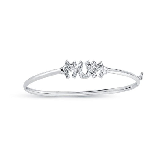 Womens Rhodium Plated Silver Round CZ MUM ID Bangle Bracelet 3mm - ABG060
