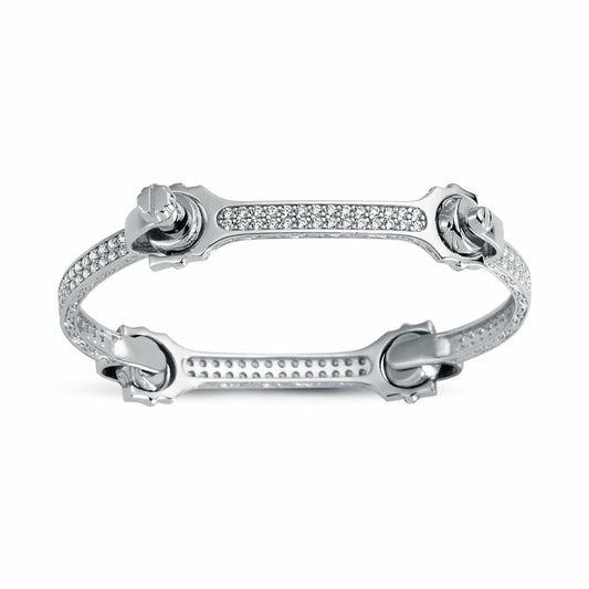 Womens Rhodium Silver CZ Spanner & Socket Bangle Bracelet 4mm - ABG062