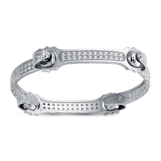 Mens Rhodium Silver CZ Spanner & Socket Bangle Bracelet 7mm - ABG064