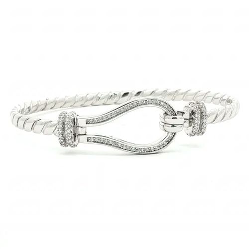 Ladies Sterling Silver CZ Rope Stirrup Hook Loop Bangle 7" 18cm - ABG066