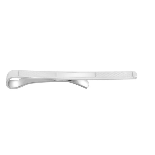 Mens Rhodium Plated Silver Engine Turned ID Bar Slide-on Tie Clip - ACL018