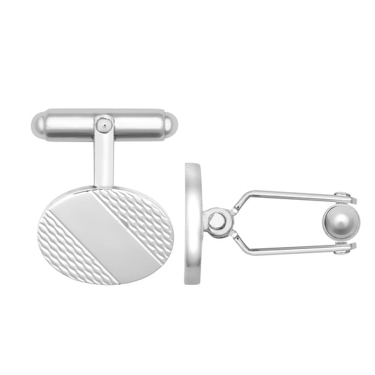 Mens Silver Engine Turned ID Oval Swivel Back T-Bar Cufflinks - ACL022