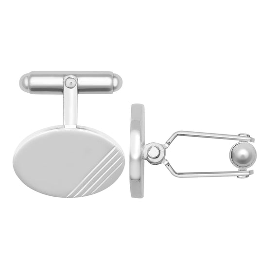 Mens Silver Diagonal Grooves Oval Swivel Back T-Bar Cufflinks - ACL023