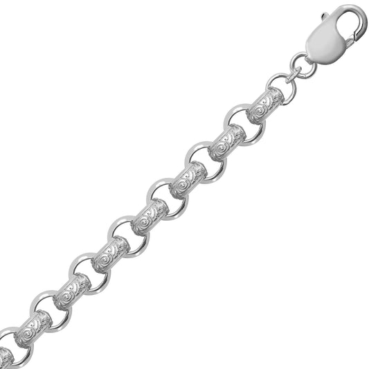 Mens Rhodium Silver Carved Rococo Belcher 9mm Chain Necklace - ACN023A