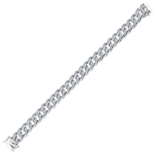 Mens Silver CZ Pave & Plain Chunky Curvy Cuban Curb Bracelet 8.5" - ACN045A
